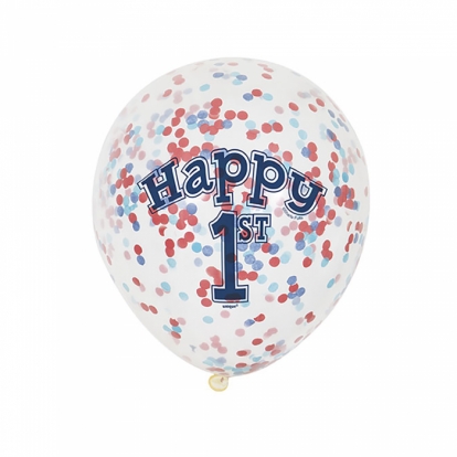 Baloni "1-ā dzimšanas diena" ar sarkaniem un ziliem konfetī (6 gab)
